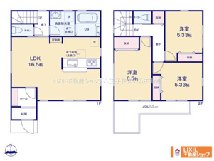 八王子市散田町2丁目42-4 新築【仲介手数料無料】【間取り】全棟リビングのある1階に水回りを集約した家事導線がスムーズな間取りです。