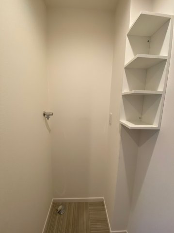 茂原市町保のアパート【洗面所】洗濯機置き場には収納棚があり、洗濯洗剤などを置くことが