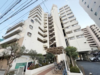 複数のバルコニーがあり通風や採光に配慮された外観です。自転車置き場や植栽スペースが整備されており住環境を大切にしています。周囲には同規模のマンションが立ち並び落ち着いた街並みの一角です。