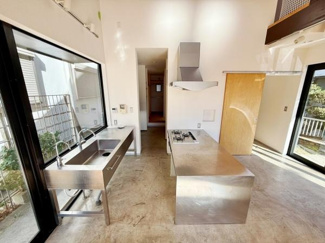 ステンレス素材のキッチンが特徴的で清潔感のある空間です。大きな窓から自然光が差し込み明るさを感じられます。動線がシンプルで使いやすいレイアウトが魅力です。アイランド型のカウンターで開放感があります。