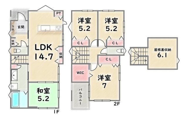 西京区川島三重町【外観】《1号地》価格：6780万円　土地面積：118.29平米　延床面積：96.26平米（1F：50.92平米　2F:45.34平米）