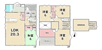 西京区川島三重町【間取り】《4号地》価格：9480万円　土地面積：149.06平米　延床面積：120.43平米（1F：65.83平米　2F:54.65平米）