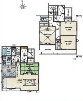 2階建ての間取りで1階はLDKや和室がゆったりと配置されています。2階には3つのベッドルームがありそれぞれ独立した空間でプライバシーも確保されています。