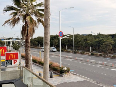 道沿いの開放感あふれる眺望が魅力です。ヤシの木と整備された歩道がリゾート感を演出しています。目の前に大きな道路があるため交通アクセスも良好です。周辺には商業施設も近く利便性も兼ね備えています。