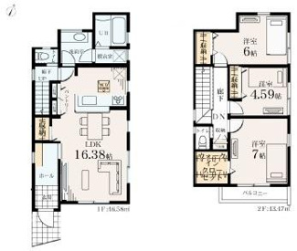 リビングとダイニングがひとつの空間となっており広々とした印象です。1階には収納スペースや洗面室が配置され効率的な動線を感じられます。