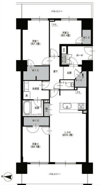 全居室にウォークインクローゼットが備わっており収納スペースが充実しています。LDKは約16.2畳と広さがありゆとりある空間設計です。バルコニーが両面に配置されており通風や採光が期待できます。