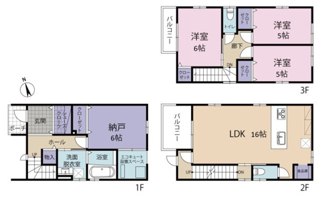 2Fは16LDKで家族の居場所を確保、パントリーも配置します。オール電化住宅で、1Fに納戸6帖とSIC付き収納力も魅力。