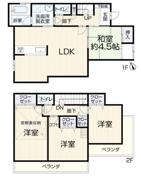 2階建てで和室や3つの洋室があり多目的な使い方が可能です。クローゼットや屋根裏収納が充実しており収納力があります。リビングダイニングが広く取られているため空間にゆとりがあります。