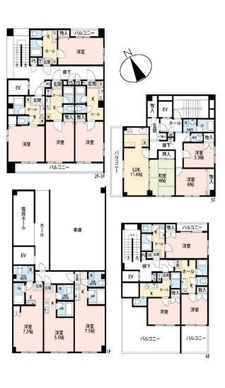 多彩な部屋構成が特徴の間取りです。バルコニー付きのお部屋もあり複数のバス・トイレが配置されています。居住空間が広がる設計で用途に合わせて利用しやすいレイアウトです。