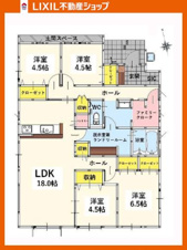 若松区高須東4丁目1期【間取り】【平屋】ランドリールームやファミリークロークを完備、回遊動線を採用。家事や収納がスムーズに行えます。