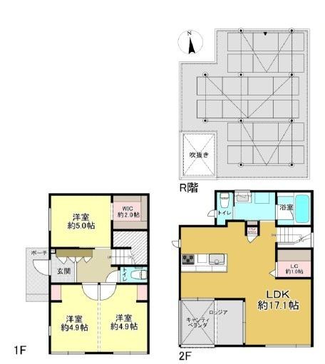 1階には洋室が3室あり全室5帖前後の広さです。2階のLDKは約17帖でゆとりのある空間設計です。各階に収納が配置され機能的な間取りが特徴です。トイレや浴室バルコニーへの動線も良好です。