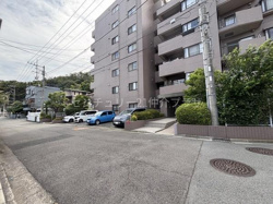 マンション外観は落ち着いた色合いで周囲の街並みに調和しています。エントランス周辺は緑の植栽がきれいに整えられ清潔感があります。敷地内には平面駐車場があり車の出し入れがしやすい設計です。