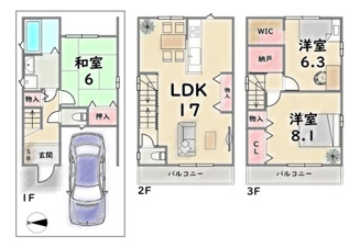 『太秦天神川駅』歩４分の美宅物件【間取り】全居室６帖、17帖のLDK、ゆとりのある３LDK