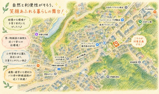 鹿児島市 下伊敷２丁目 (鹿児島中央駅) 2階建 4LDK【地図】航空図を基に作成した俯瞰図です。※現況と異なる場合は現況を優先いたします。