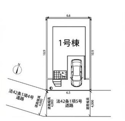 区画図により物件の配置や接道状況が明確に分かります。前面道路幅も確認でき車の出入りに便利です。建物と駐車スペースの位置関係も一目で把握できます。角地ならではの特長も区画図から読み取れます。