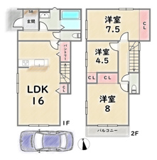 右京区西院春栄町【間取り】《2号地》価格：5598万円　延床面積：90.25平米　第R08確認建築IPEC00155号