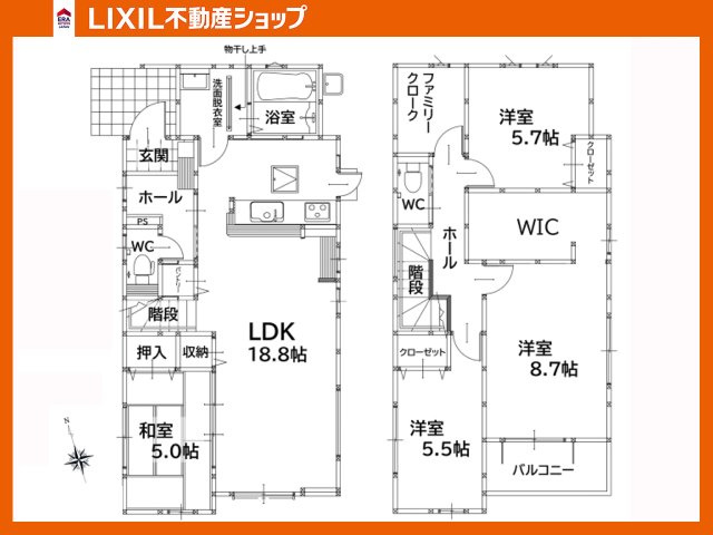 八幡西区日吉台2丁目4期【間取り】ご家族でゆっくり寛げるリビング18.8帖、和室付き住宅、4LDKです。