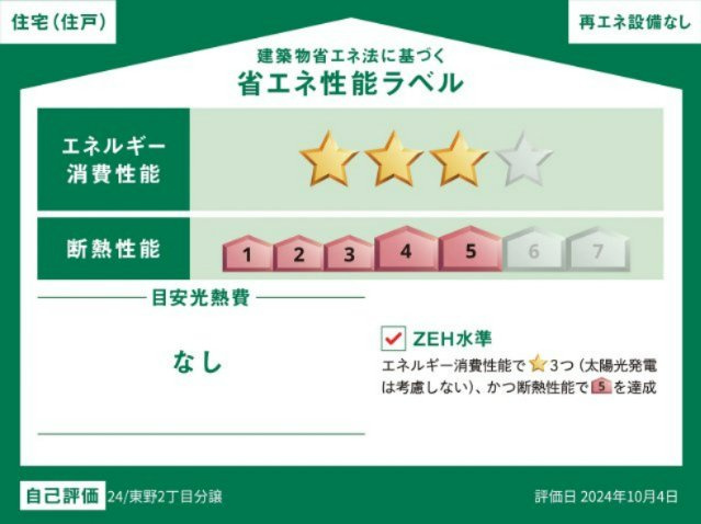 断熱性能「5」＆エネルギー消費性能「★3」を獲得したZEH水準の住まい。優れた断熱性で一年中快適な室温を保ち、エアコン効率を高めて日々の電気代も抑えられる経済的で体に優しい住まいです。