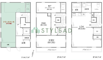 藤沢市柄沢２丁目の中古一戸建【間取り】全階エレベーター直結！1階に27帖超の大空間、3階に開放的なLDKを配した贅沢な3階建てです。