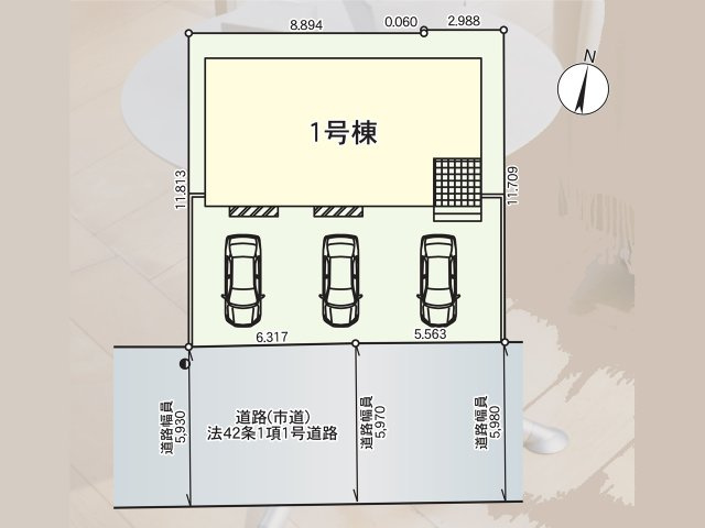 CRADLE GARDEN　北九州市小倉南区朽網西第7【区画図】1棟のみの販売です。１号棟をご参照ください。駐車スペースは3台可能！
