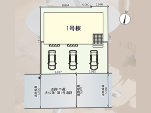 CRADLE GARDEN　北九州市小倉南区朽網西第7【区画図】1棟のみの販売です。１号棟をご参照ください。駐車スペースは3台可能！