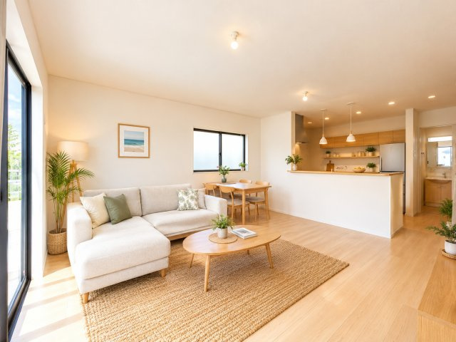 【新築分譲住宅】うるま市兼箇段・全３棟〈１号棟〉【居間・リビング】【施工事例】生活スタイルをイメージした写真(AI)となります。