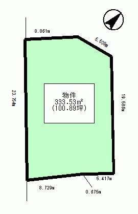 中津川市山口の売地【間取り】土地図面　実測：333.53㎡(100.89坪)