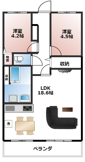 大津スカイハイツ【間取り】3LDKの間取りを2LDKにリノベーションしました。