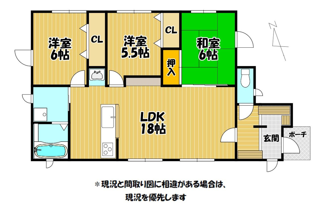 神田町モデルハウス【間取り】南側にLDKが配置された日当り良好の３LDKです！！