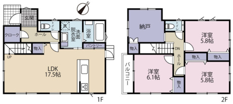 3LDK+納戸のプラン。キッチン横にパントリー、さらに洗面脱衣室へとつながる家事ラク動線が魅力です。