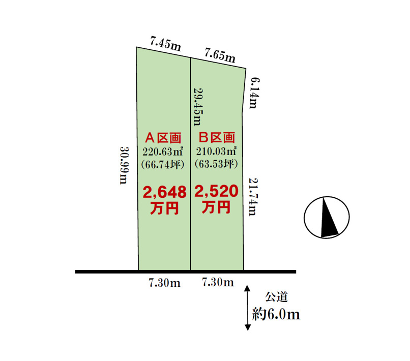 清須市東須ケ口　A区画【区画図】【本物件はA区画です】間口は7.30ｍ、前面道路は約6.0ｍ、南向き陽当たりの良い土地です