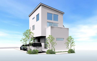 シャープなデザインが目を引く外観パースです。明るい色調の外壁と大きな窓が建物を印象的に演出しています。敷地を活かした配置で駐車スペースも確保されています。シンプルながら洗練された印象のプラン例です。