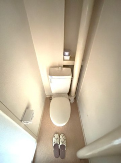 清潔感のあるトイレです。壁面に清掃用具などが収納可能です。