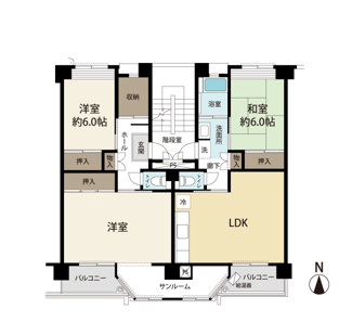 3LDK、価格1280万円、専有面積94.55m2、バルコニー面積8.55m2 
リビングダイニングと洋室が南向きバルコニーに面しており、大きな窓からたっぷりと自然光が差し込み明るい空間に。