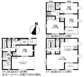 ２号棟間取り。三階建ての間取りで各フロアに様々な部屋が配置されています。リビング・ダイニングは広々とした空間が確保されています。バルコニーが複数あり開放感を感じられる設計です。