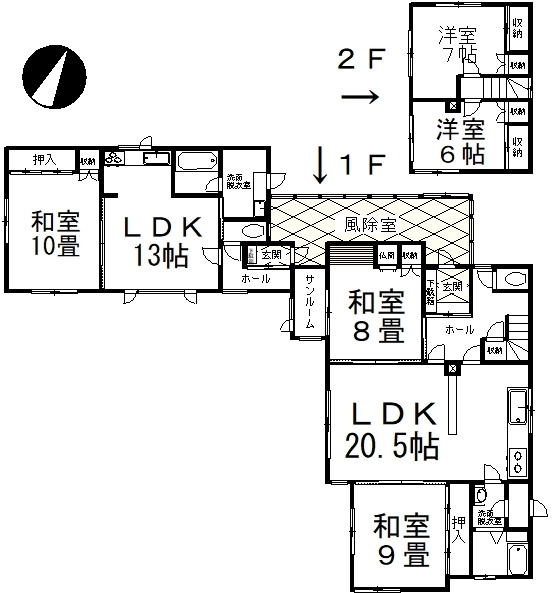 【二世帯住宅～風除室のみ共用です】曙4丁目1-5.6売家【間取り】