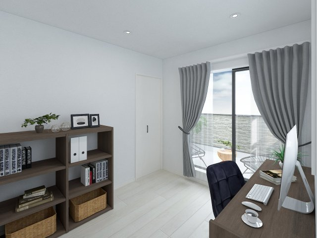 右京区嵯峨中又町【洋室】《3F4.1帖の洋室：ステージングイメージ》※家具・小物はCGによるインテリアイメージであり、家具の設置サイズを保証するものではございません。※家具配置はTV配線には配慮しておりません