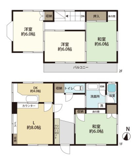 建物面積88.19㎡(約26.67坪)
リビング8帖、キッチン4帖、各居室は6帖となります。