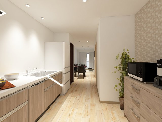 右京区梅津中村町【キッチン】《キッチン：ステージングイメージパース》※家具・小物はCGによるインテリアイメージであり、家具の設置サイズを保証するものではございません。