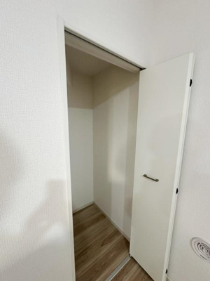 シンプルなデザインの扉がポイントの収納スペースです。奥行きがあり季節用品などの収納にも活用できます。すっきりとした壁紙とフローリングが空間を明るく見せます。お部屋の整理整頓に便利な仕様です。