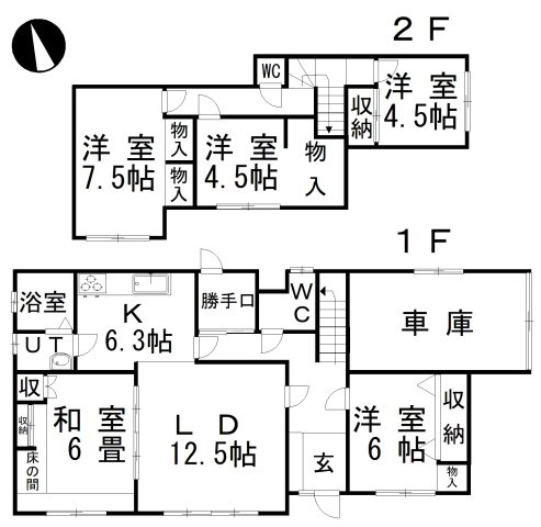 武佐3丁目5-261売家【間取り】車庫付きの5ＬＤＫでファミリーで暮らすのにも充分な間取りです