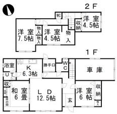 武佐3丁目5-261売家【間取り】車庫付きの5ＬＤＫでファミリーで暮らすのにも充分な間取りです