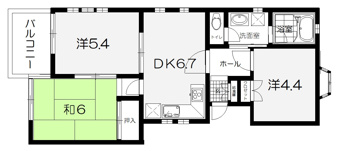 つくば市花畑１丁目のマンション【間取り】比較的コンパクトな3DKの間取り　角部屋で明るいお部屋です
