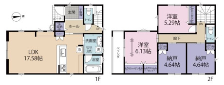 2階には洋室と納戸を組み合わせて4部屋分を確保。ライフスタイルに合わせて柔軟に活用できる設計！浴室や洗面などの水回りを1階に集約し動線を効率化！帰宅後の手洗いや入浴がスムーズに行える配置♪