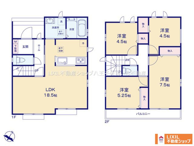 日野市平山4丁目16-17 新築【仲介手数料無料】【間取り】リビングのある1階に水回りを集約した家事導線がスムーズな間取りです。