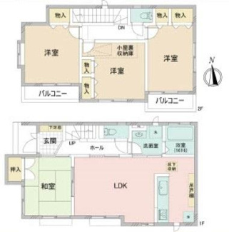 ゆとりのあるLDKが特徴の間取りです。2階には収納スペースが豊富な洋室がありバルコニーも二か所設けられています。和室も備わっており多様な使い方が可能です。