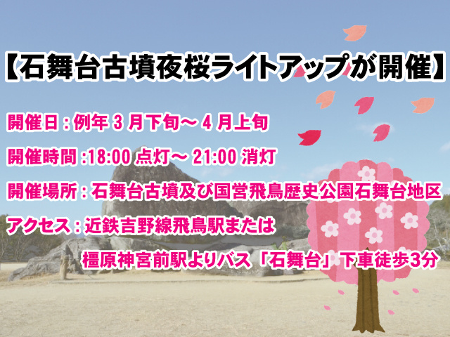 【明日香村で「石舞台古墳夜桜ライトアップ」】日程や詳細についての画像