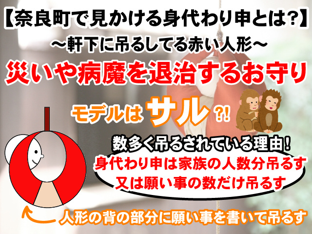 【奈良町で見かける赤い人形とは？】身代わり申を吊るす理由の画像