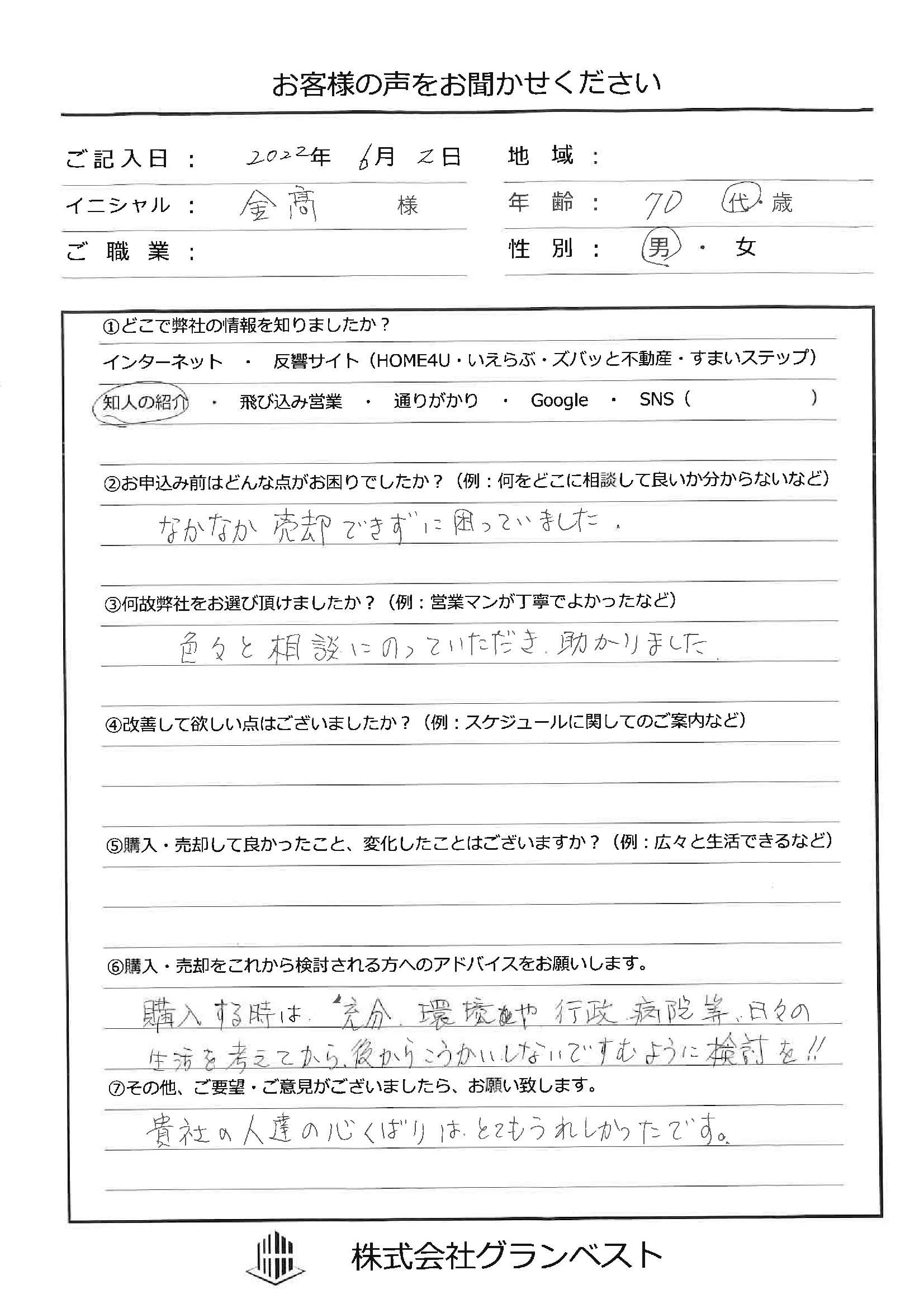 お客様の声を頂きましたの画像