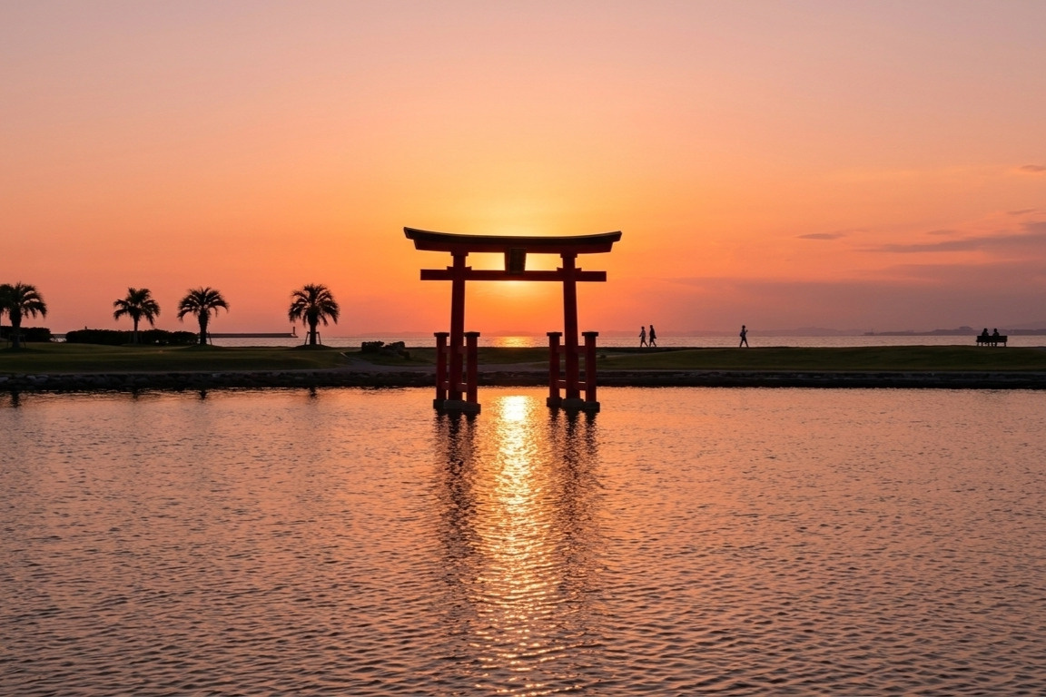 絶景の夕日と鳥居が魅力！浜松市中央区の「弁天島海浜公園」の概...の画像